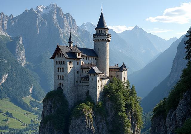 Mittelalterliche Burg Hohenwerfen thront auf einem Felsen vor Alpenpanorama.