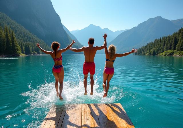 Familie springt von einem Holzsteg in einen klaren, blauen Bergsee.