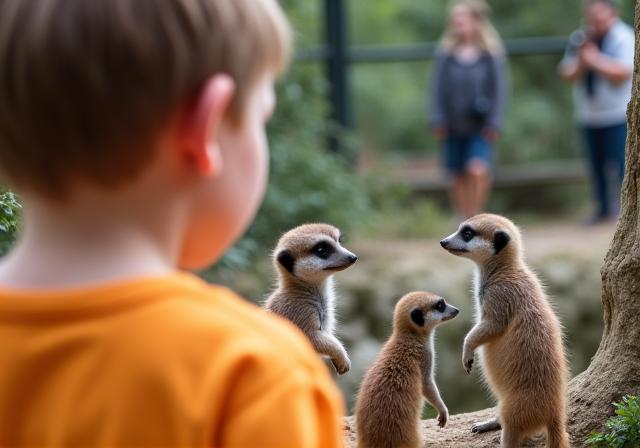 Ein Kind beobachtet fasziniert Erdmännchen in einem Zoo.