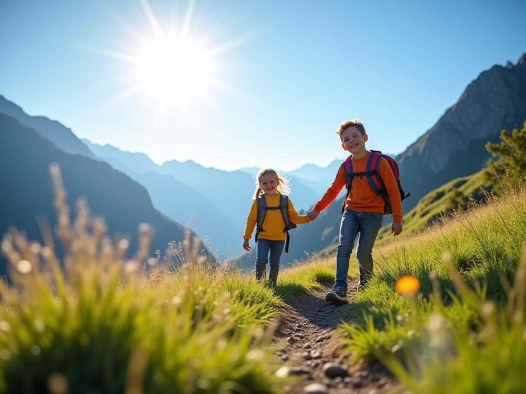 Glückliche Familie mit zwei Kindern wandert auf einem Bergpfad in den österreichischen Alpen mit strahlender Sonne im Hintergrund.