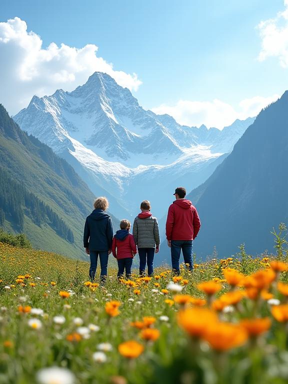 Familie steht auf einer blühenden Almwiese und blickt auf schneebedeckte Berggipfel.