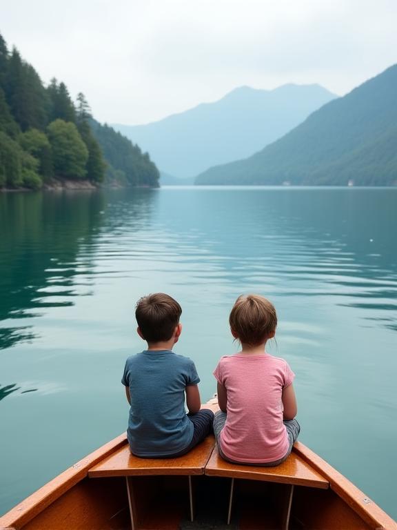 Kinder sitzen am Rand eines Holzbootes auf dem Wolfgangsee.