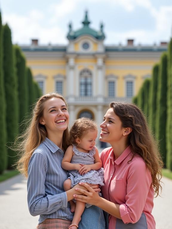 Familie vor dem Schloss Schönbrunn in Wien, die Kinder lachen.